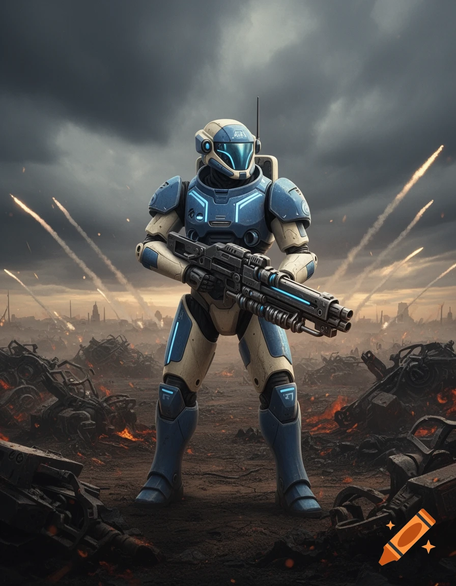 A futuristic blue and beige armored warrior with a large rifle stands in a fiery, war-torn landscape under a dark sky.
