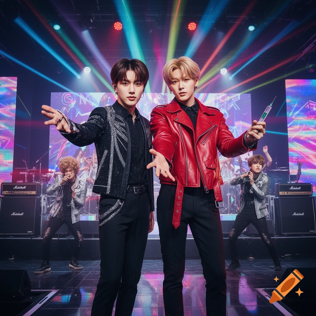 Two male performers, one in a red leather jacket holding a syringe and one in a sparkly black jacket, pose on a brightly lit concert stage.