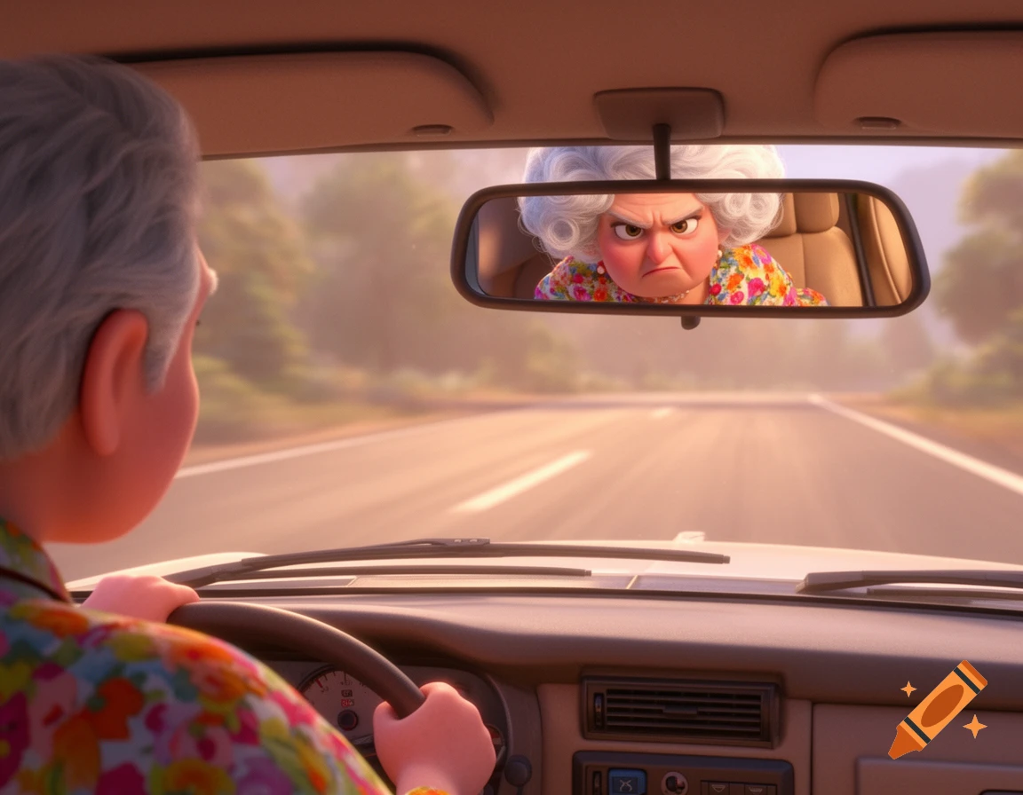 An old man in a floral shirt drives a car, looking forward. In the rearview mirror, an angry old lady with white hair glares from the back seat.
