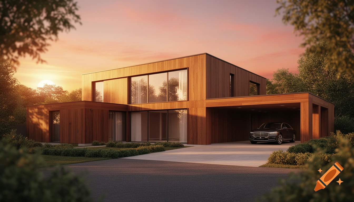 A modern wooden house with a carport, illuminated by a setting sun.