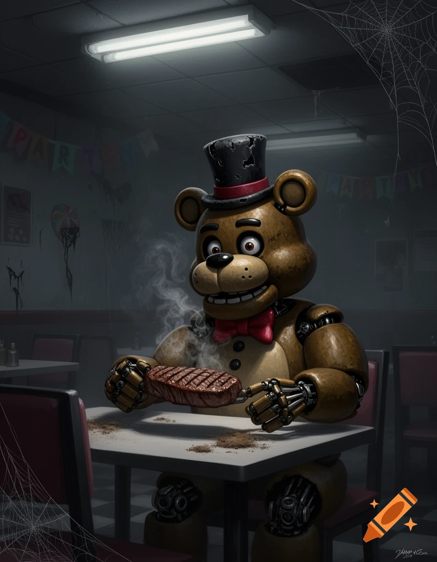 Freddy Fazbear, a brown animatronic bear, sits at a dusty table in a dark, cobwebbed restaurant, holding a sizzling steak.