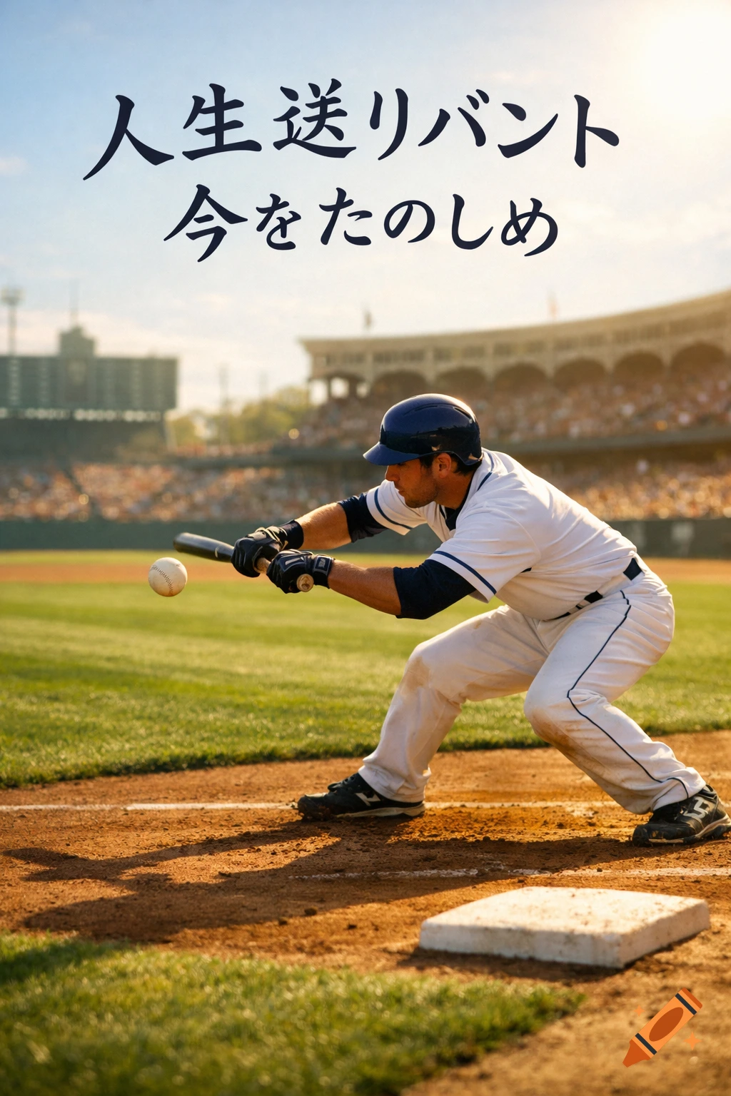 A baseball player in uniform is shown mid-bunt on a sunny field in a stadium, with Japanese text overlaid on the sky.