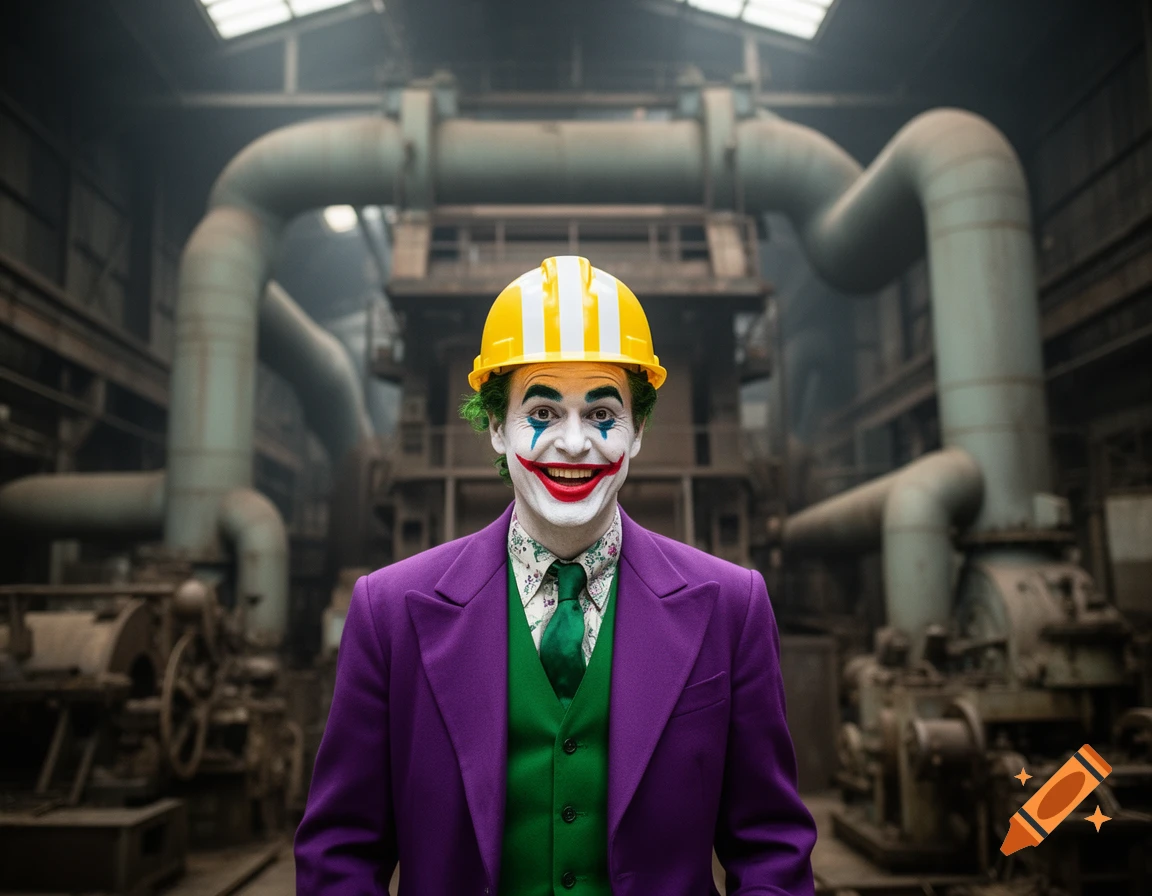 The Joker in a purple suit, green vest, and yellow hard hat stands in an industrial factory setting with large pipes.
