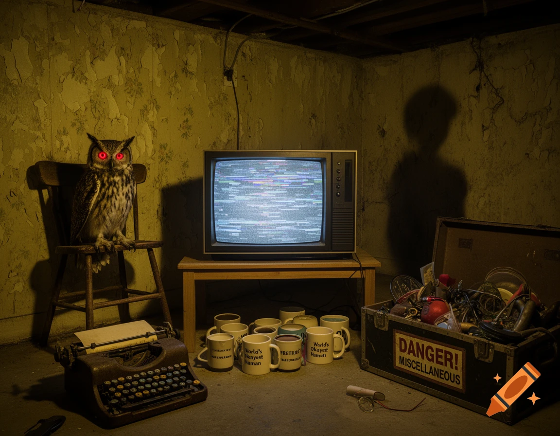 An owl with glowing red eyes sits on a chair next to a static-filled retro TV in a dimly lit, grungy room. An old typewriter, coffee mugs, and a trunk labeled "DANGER! MISCELLANEOUS" are on the floor.