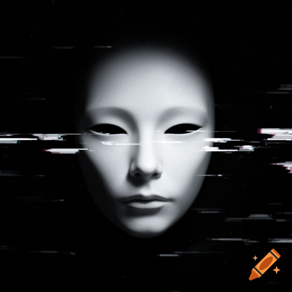 A stark white, featureless mask with black, empty eyes, corrupted by horizontal digital glitch lines on a dark background.
