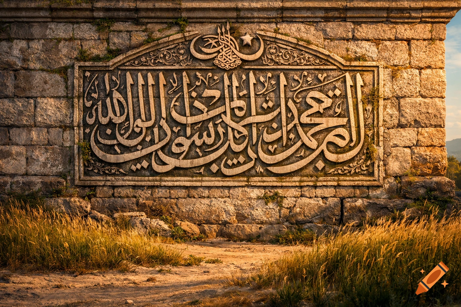 An ancient stone wall featuring a large, ornate Arabic calligraphy inscription, surrounded by dry grass under warm sunlight.
