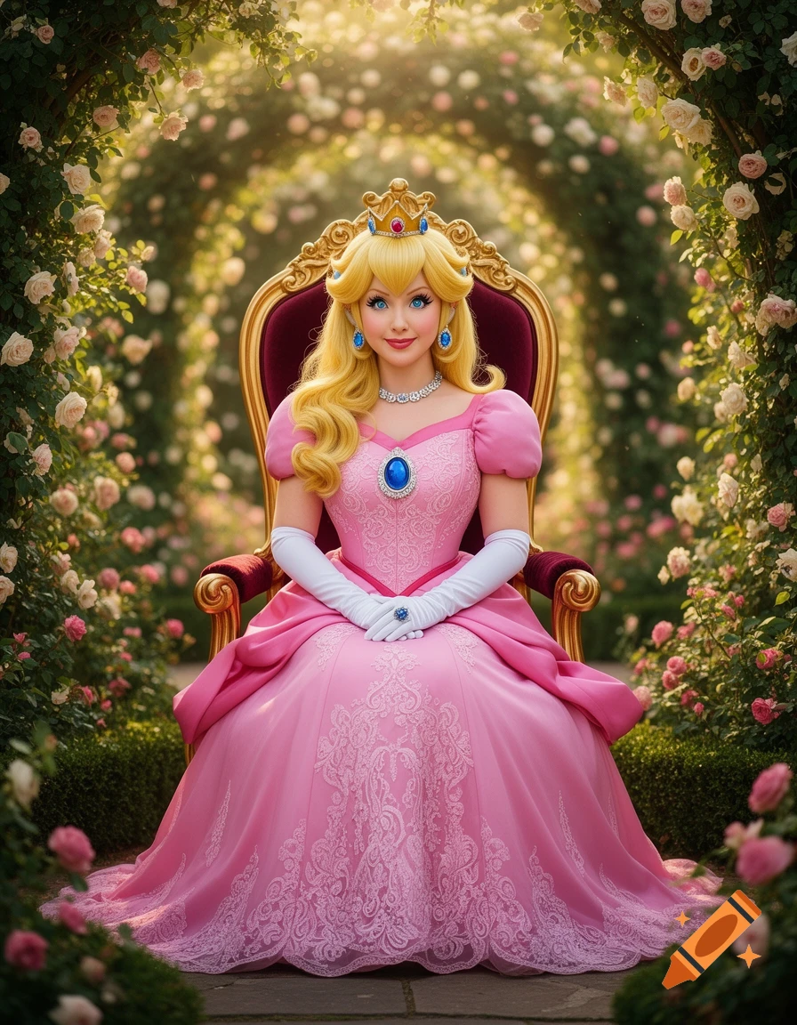 Princess Peach sitting on a golden throne in a lush rose garden, wearing a pink gown and a crown.