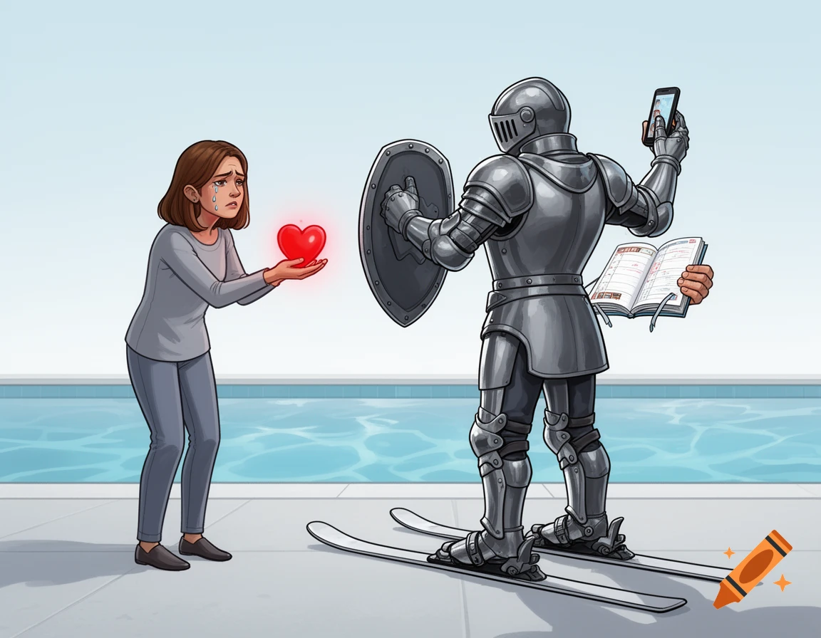 A crying woman offers a glowing red heart to a knight in armor, back turned, engrossed in a phone and an agenda, by a pool. Cartoon style.