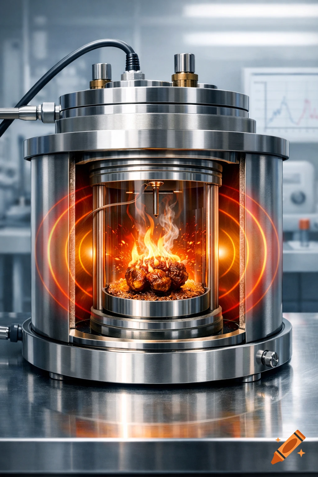 A photorealistic image of a bomb calorimeter in a lab with food burning inside a clear chamber, surrounded by orange glow.
