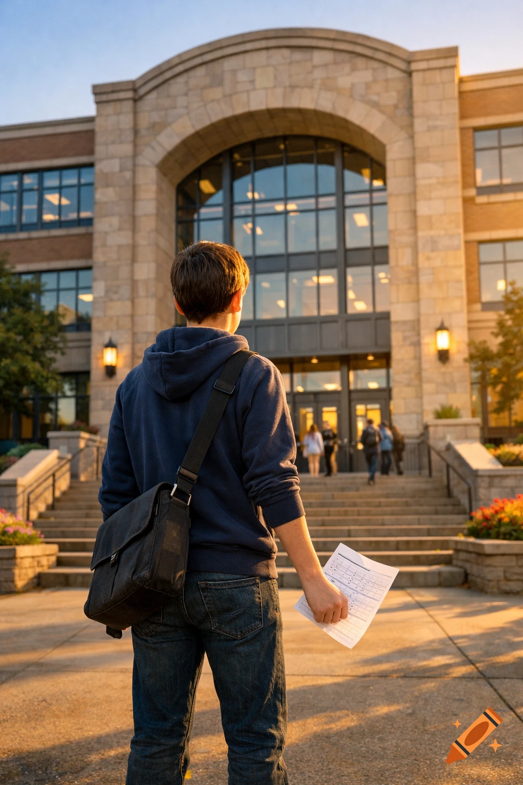 A young student with a backpack and a paper schedule stands with his back to the camera, looking at a large stone school building at sunset.