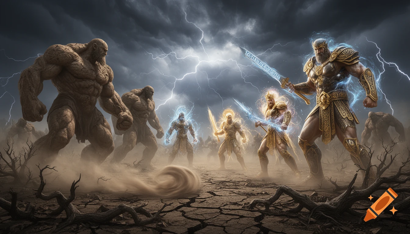 Epic battle between rock giants and armored warriors with glowing swords in a stormy, cracked desert landscape.