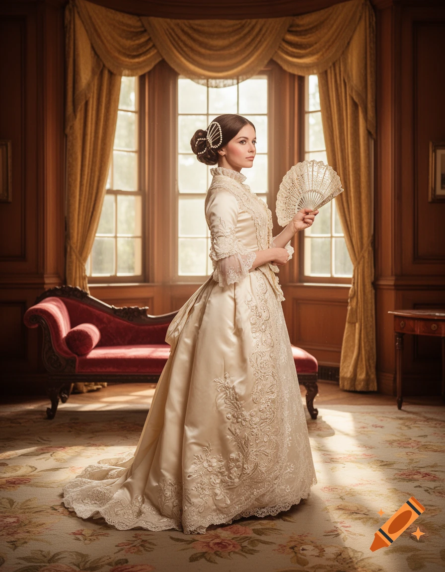 An elegant woman in a cream Victorian gown holding a lace fan, standing in a grand room with golden curtains and a red chaise lounge.