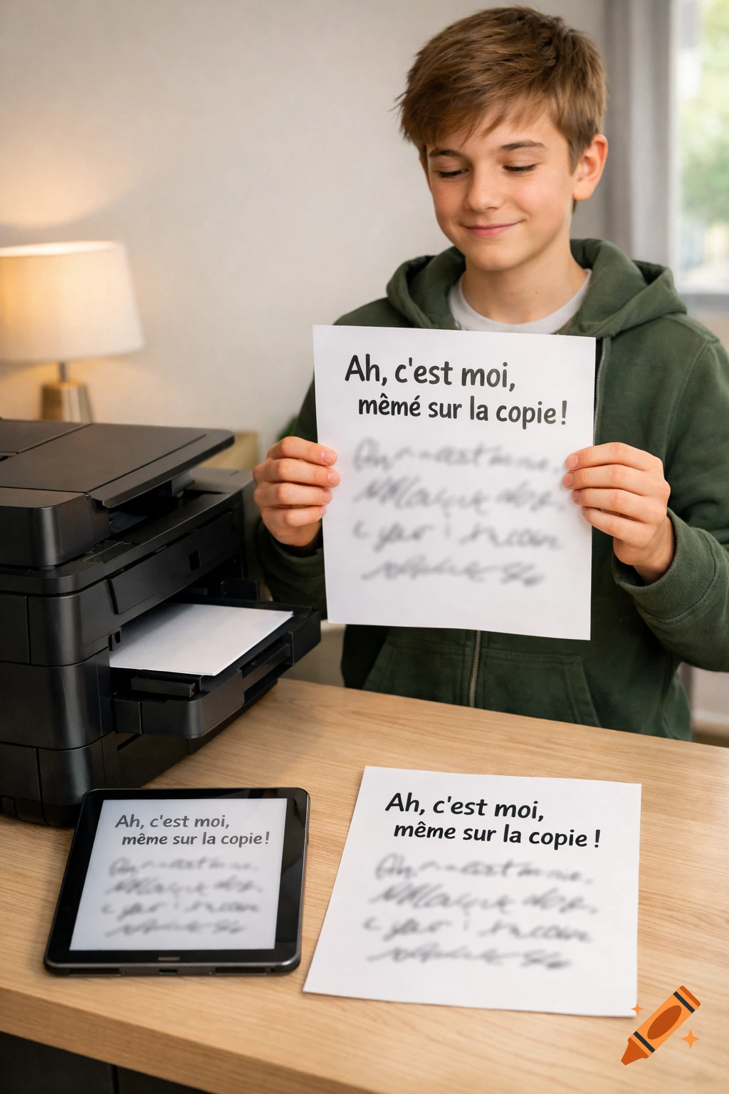 A smiling boy holds a printed paper displaying the text 'Ah, c'est moi, même sur la copie!', with a printer and tablet on a desk.