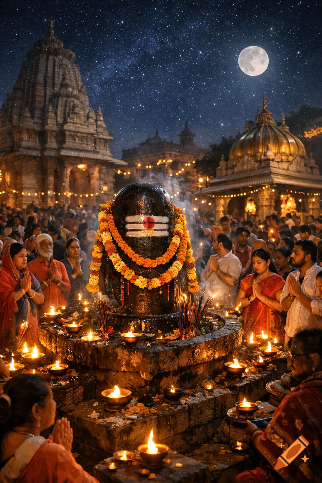 People pray around a decorated Shiva lingam with oil lamps during Mahashivaratri at night, under a starry sky with a full moon.