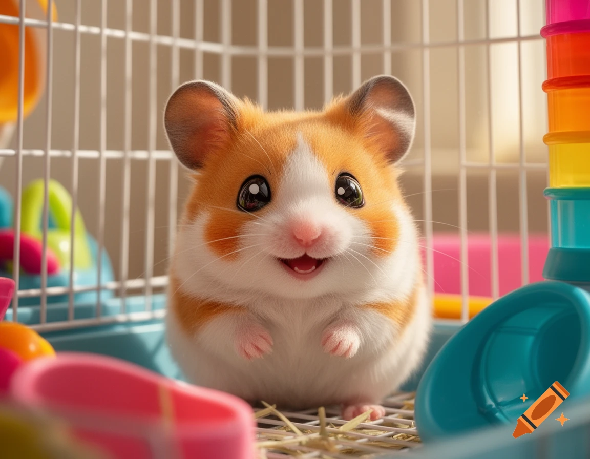 A cute, fluffy, orange and white hamster with big eyes smiles in a colorful pet cage.