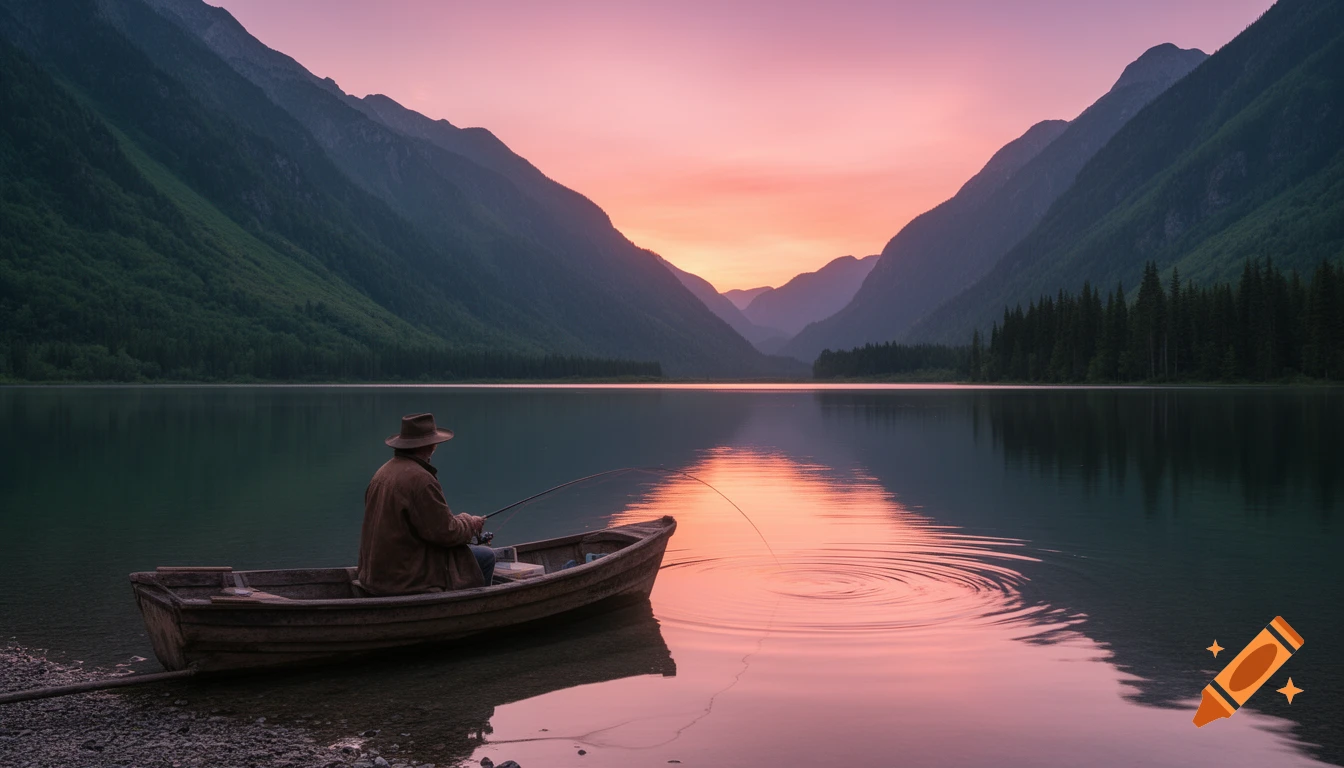 A lone fisherman in a boat on a serene mountain lake at sunset, with mountains reflecting in the pink and orange sky.