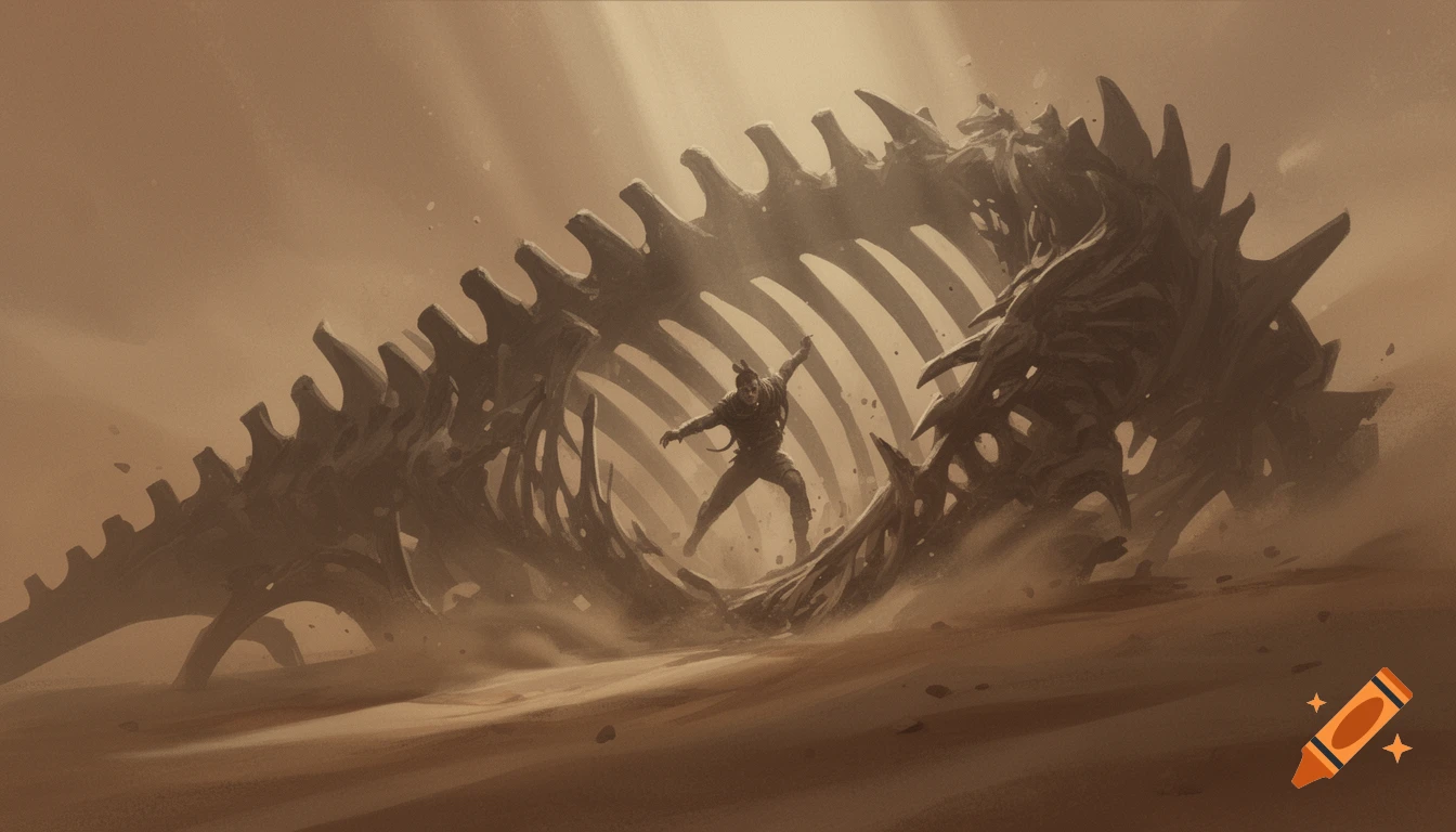 A lone figure emerges from the massive skeletal remains of a creature in a dramatic desert landscape, stylized art.