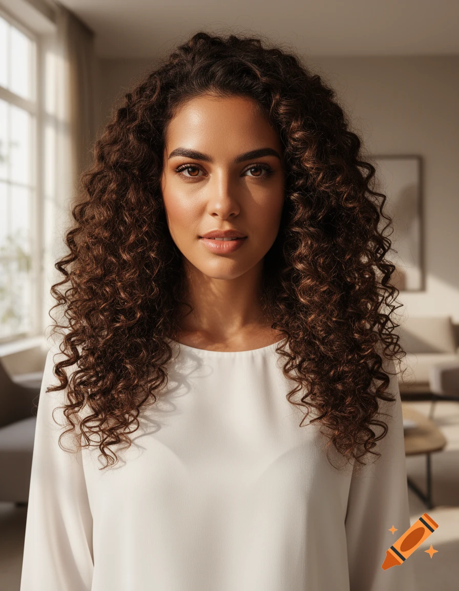 A photorealistic portrait of a woman with long, dark curly hair and a ...