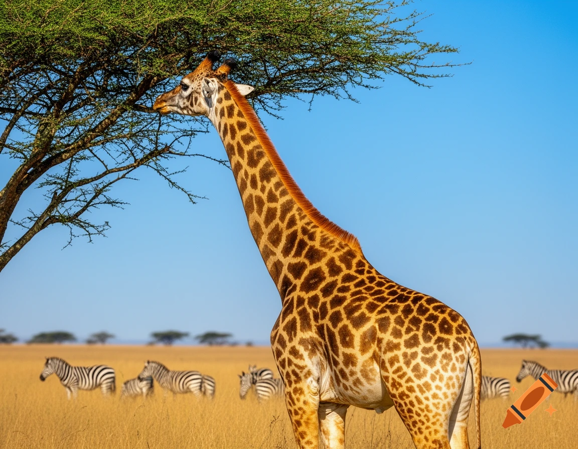 A tall giraffe eats leaves from a tree in a sunny savanna, with zebras grazing in the background under a clear blue sky.