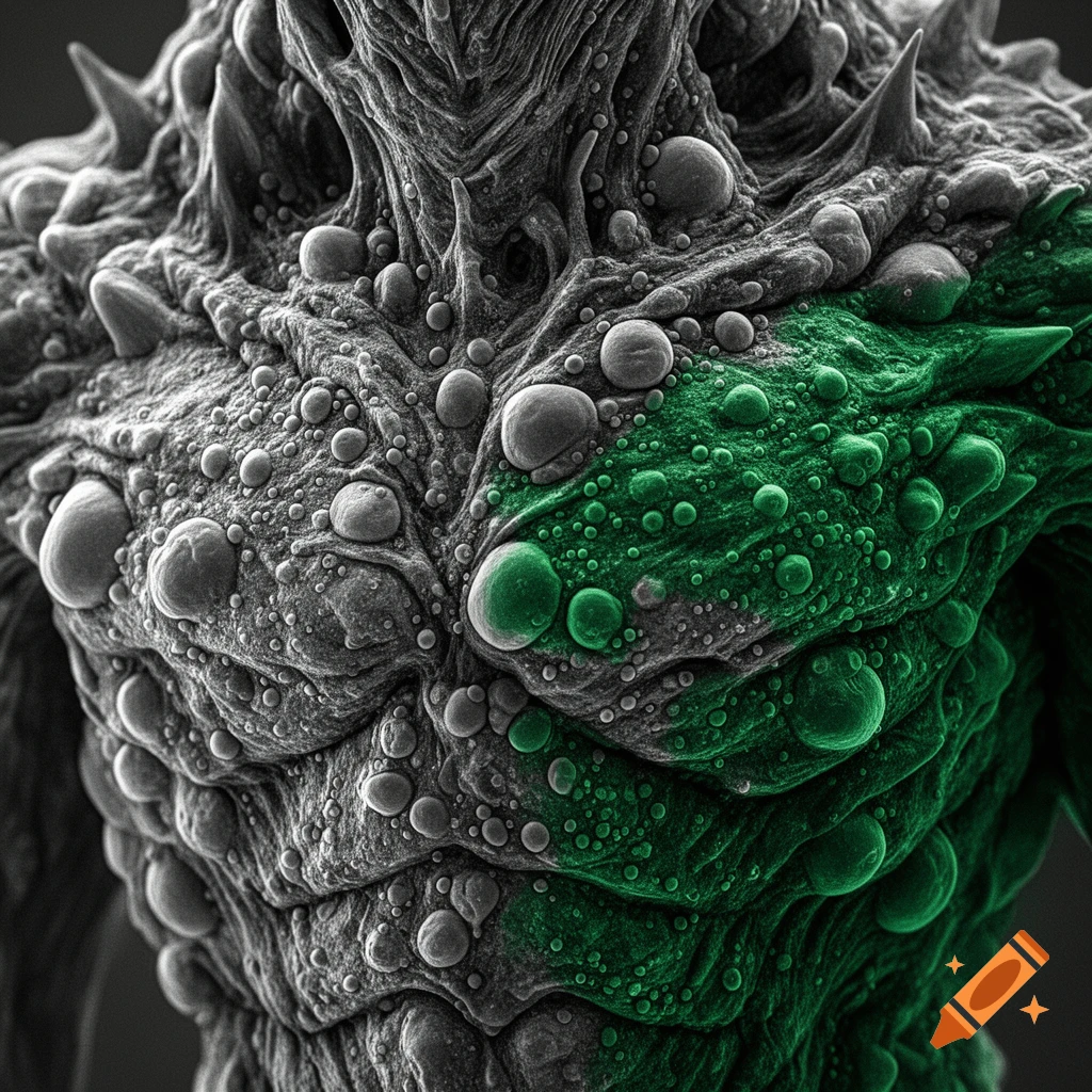 Close-up of grotesque monster's textured skin, grey with a vibrant green section, seen under an electron microscope.