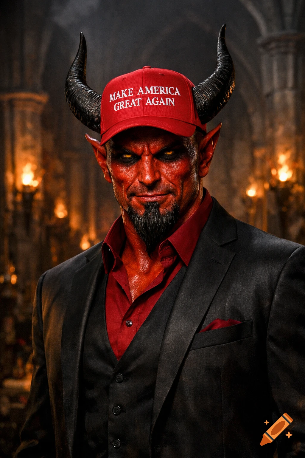 A red-skinned, horned devil wearing a black suit and a red 'MAKE AMERICA GREAT AGAIN' baseball cap, standing in a dimly lit, ancient setting.