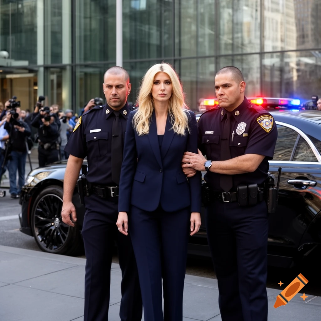 A blonde woman in a navy suit is escorted by two male police officers past a black car with flashing lights and photographers on a city street.