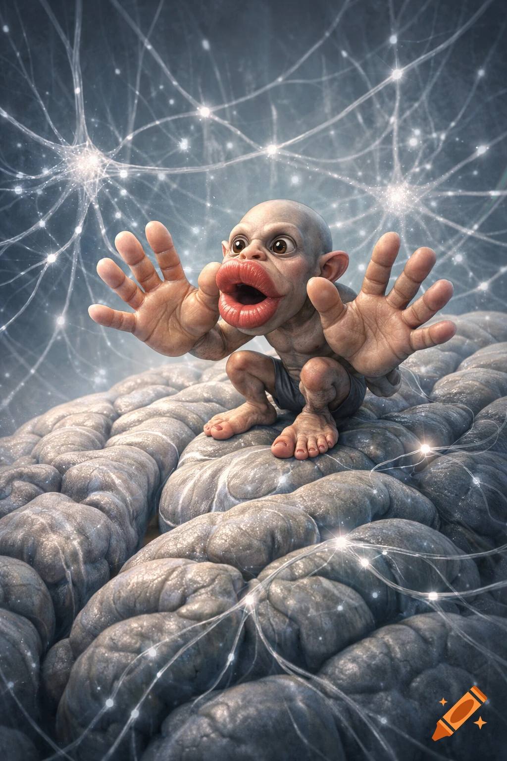 A grotesque homunculus with exaggerated lips and hands squats on a ...
