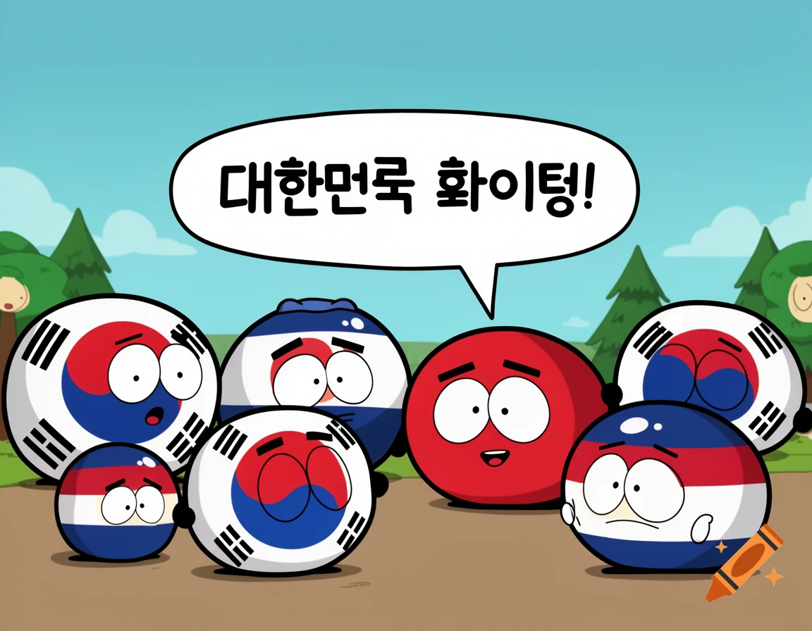 South Park style cartoon countryball characters, including South Korea flags, with one red ball speaking Korean text.