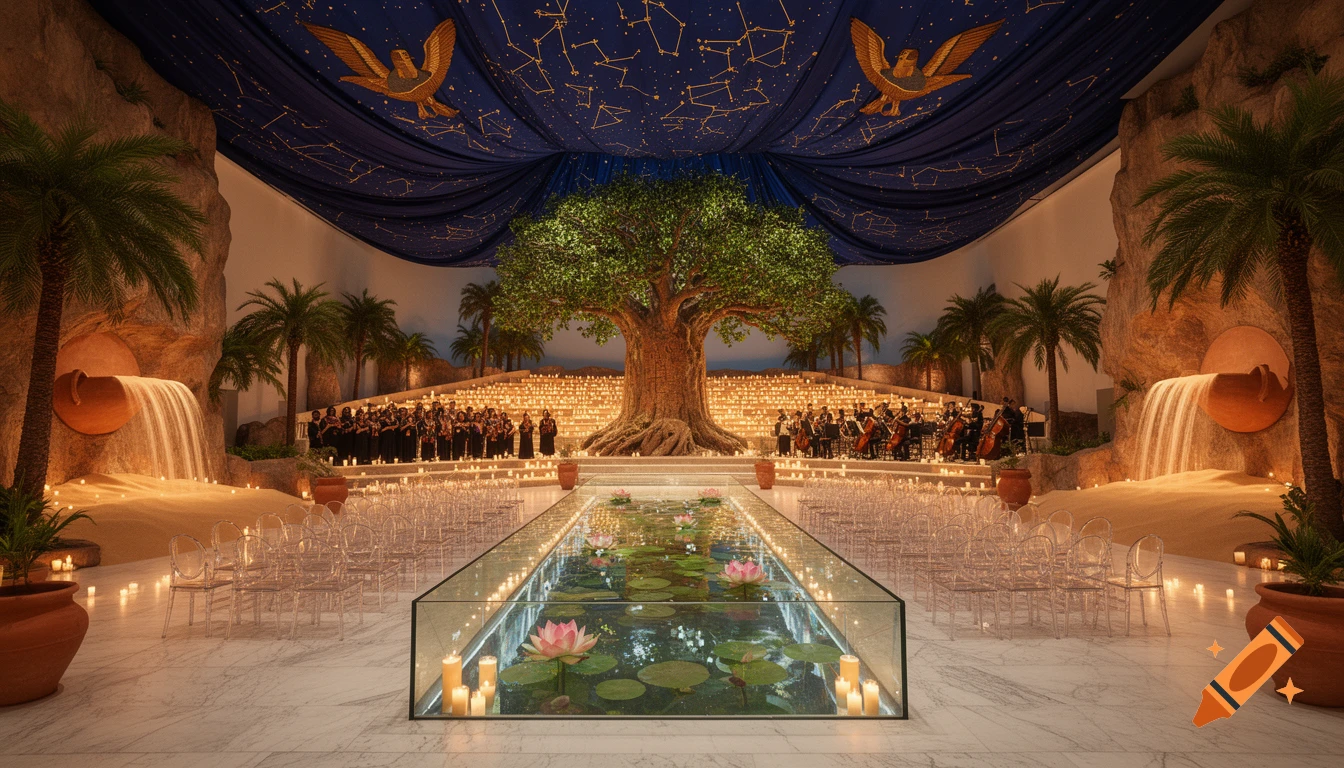 An elaborate wedding ceremony with a large tree, lotus pond, choir, orchestra, and starry, constellation-draped ceiling.