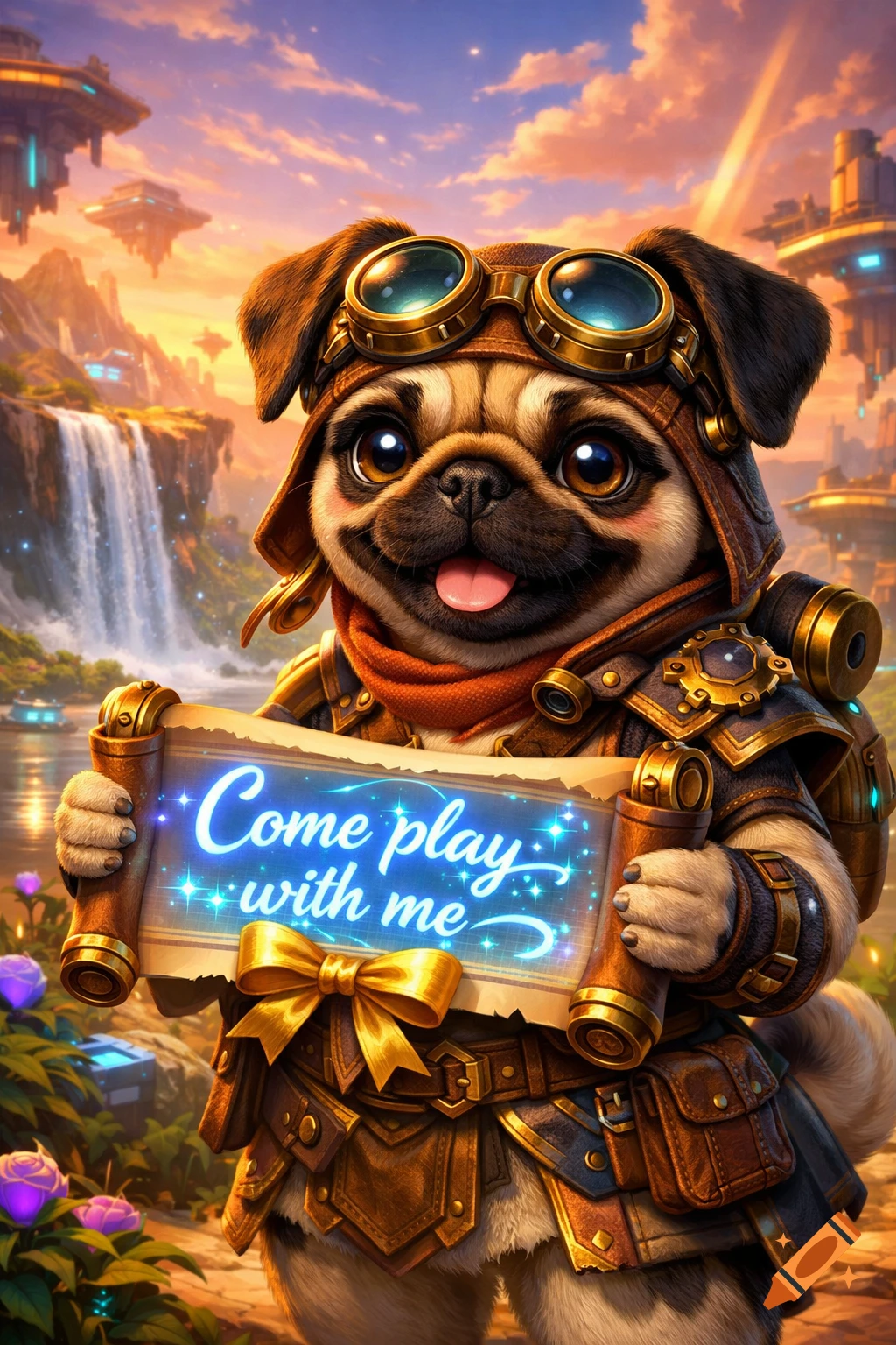 A cute pug in steampunk attire and goggles holds a glowing scroll that reads 'Come play with me' in a fantastical landscape.