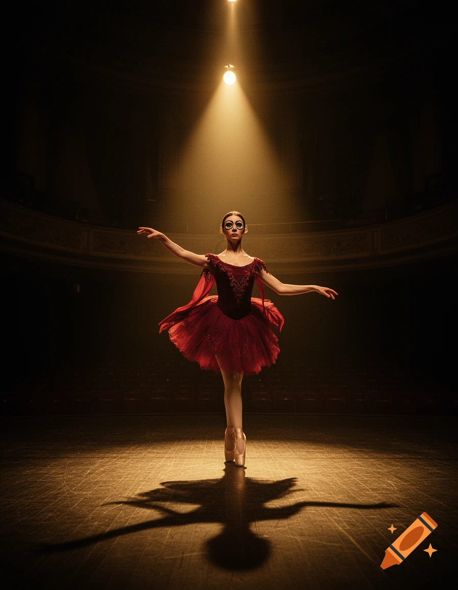 A ballerina in a red tutu with stylized doll-like eyes, standing en pointe under a spotlight on a dark stage.