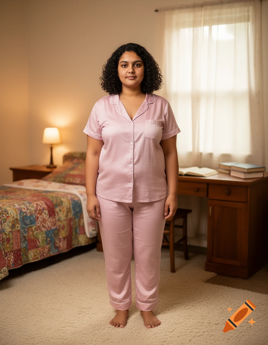 A Pakistani-American woman with curly hair stands barefoot in a bedroom, wearing pink silk pajamas.
