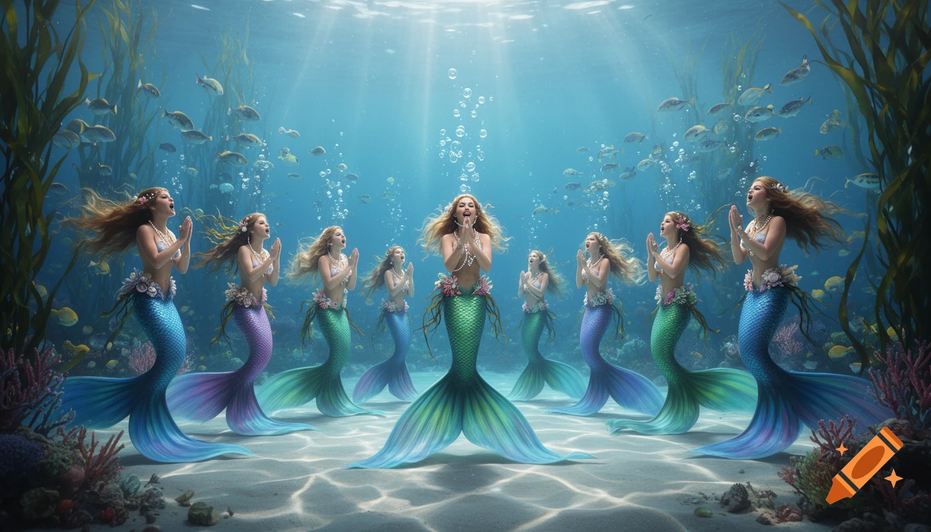 Multiple mermaids with flowing hair and colorful tails sing in an underwater concert scene with fish and kelp.