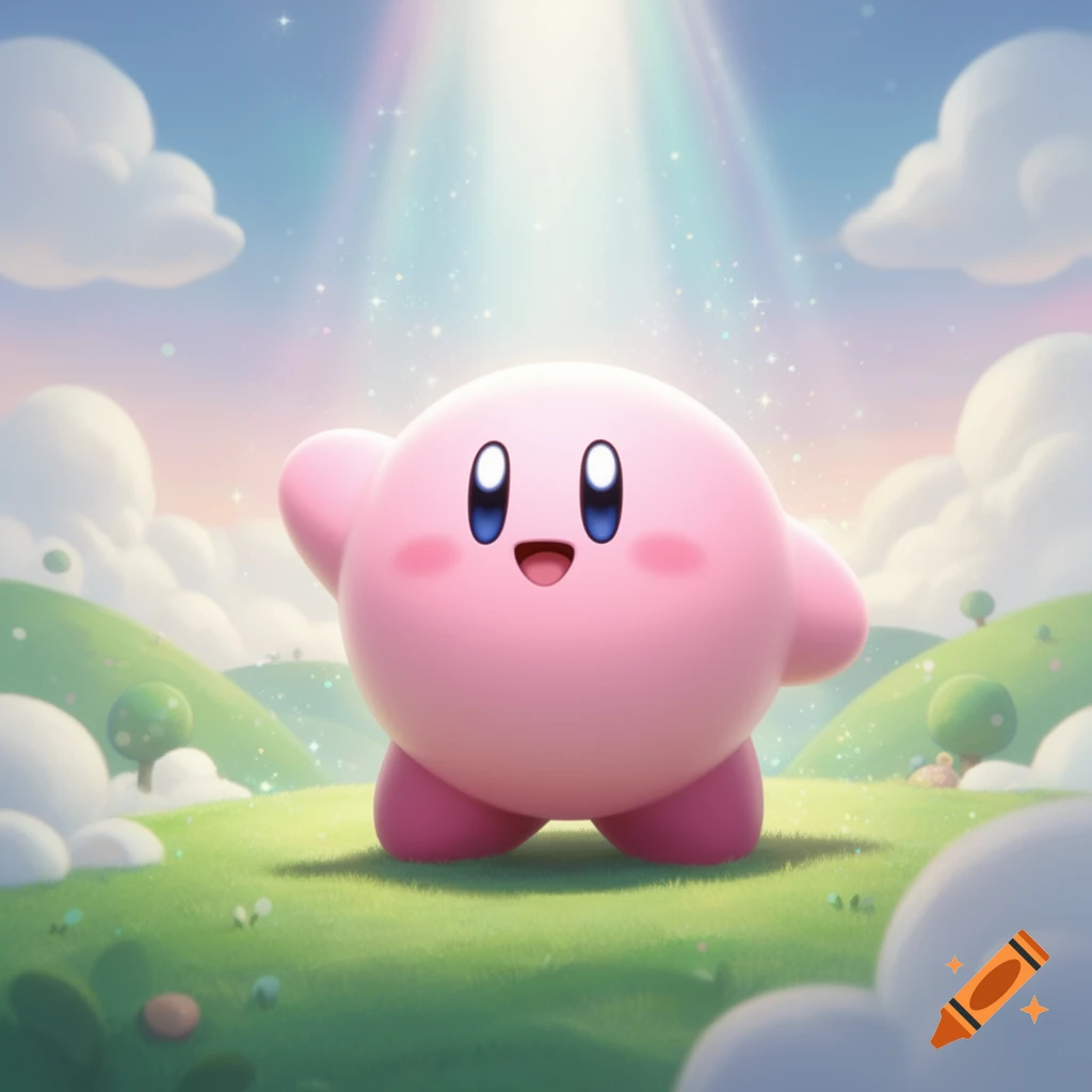 Kirby, a pink, spherical character with blue eyes, stands in a vibrant green field under a rainbow sky with clouds and sparkling light.
