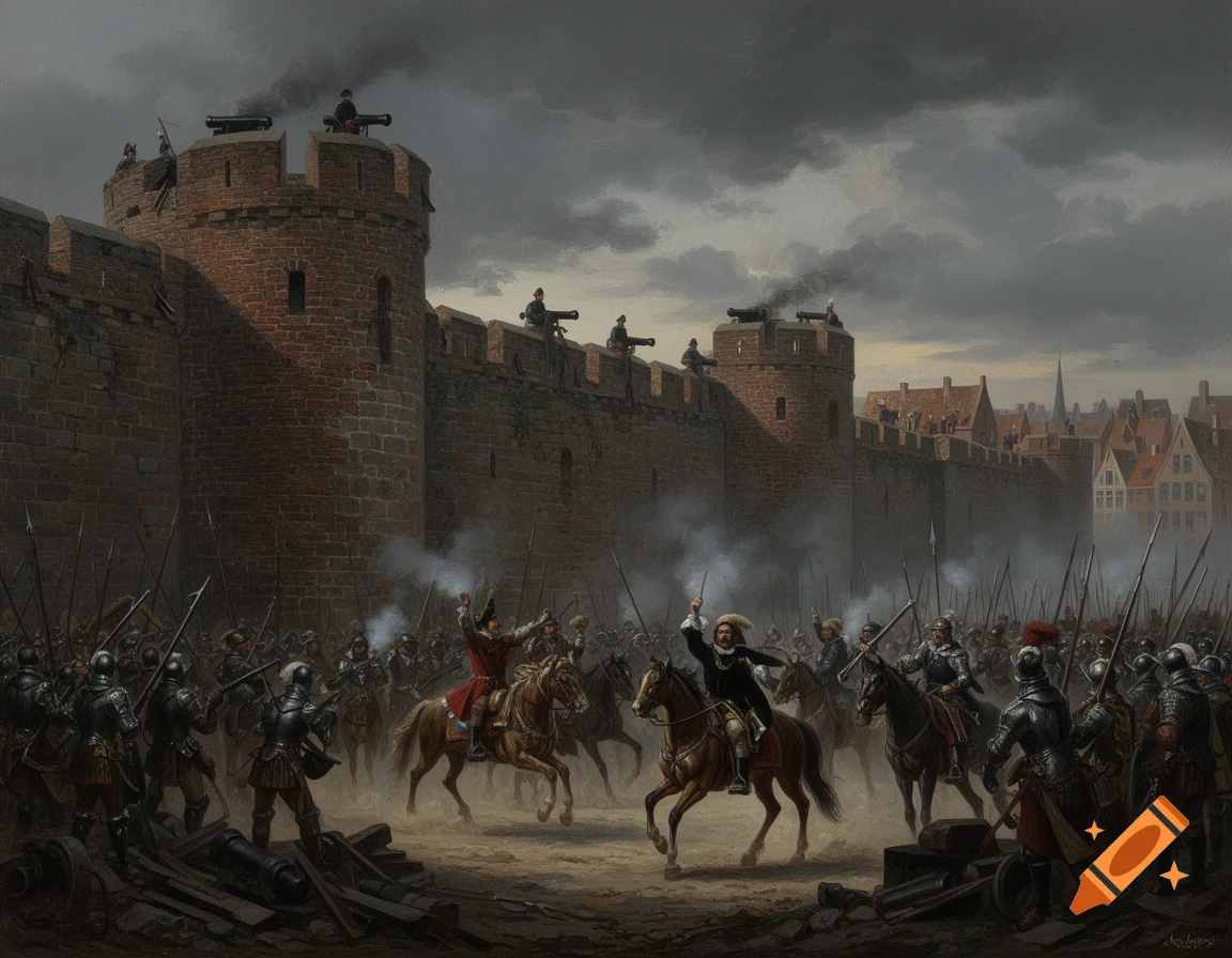 A 17th-century painting depicting a battle at a fortified city wall with soldiers on horseback and cannons firing smoke.