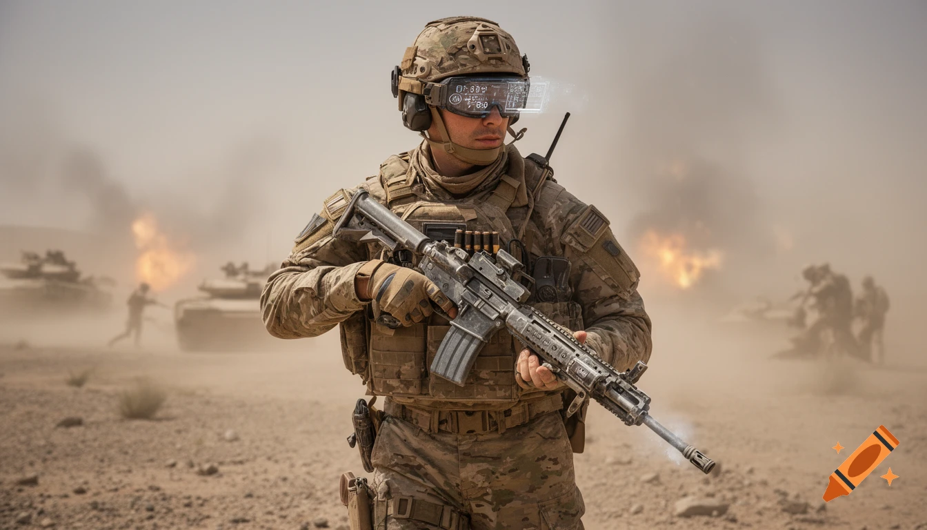 A soldier in desert camouflage, wearing a helmet with a futuristic HUD visor, holds a modern assault rifle on a dusty battlefield with explosions in the background.
