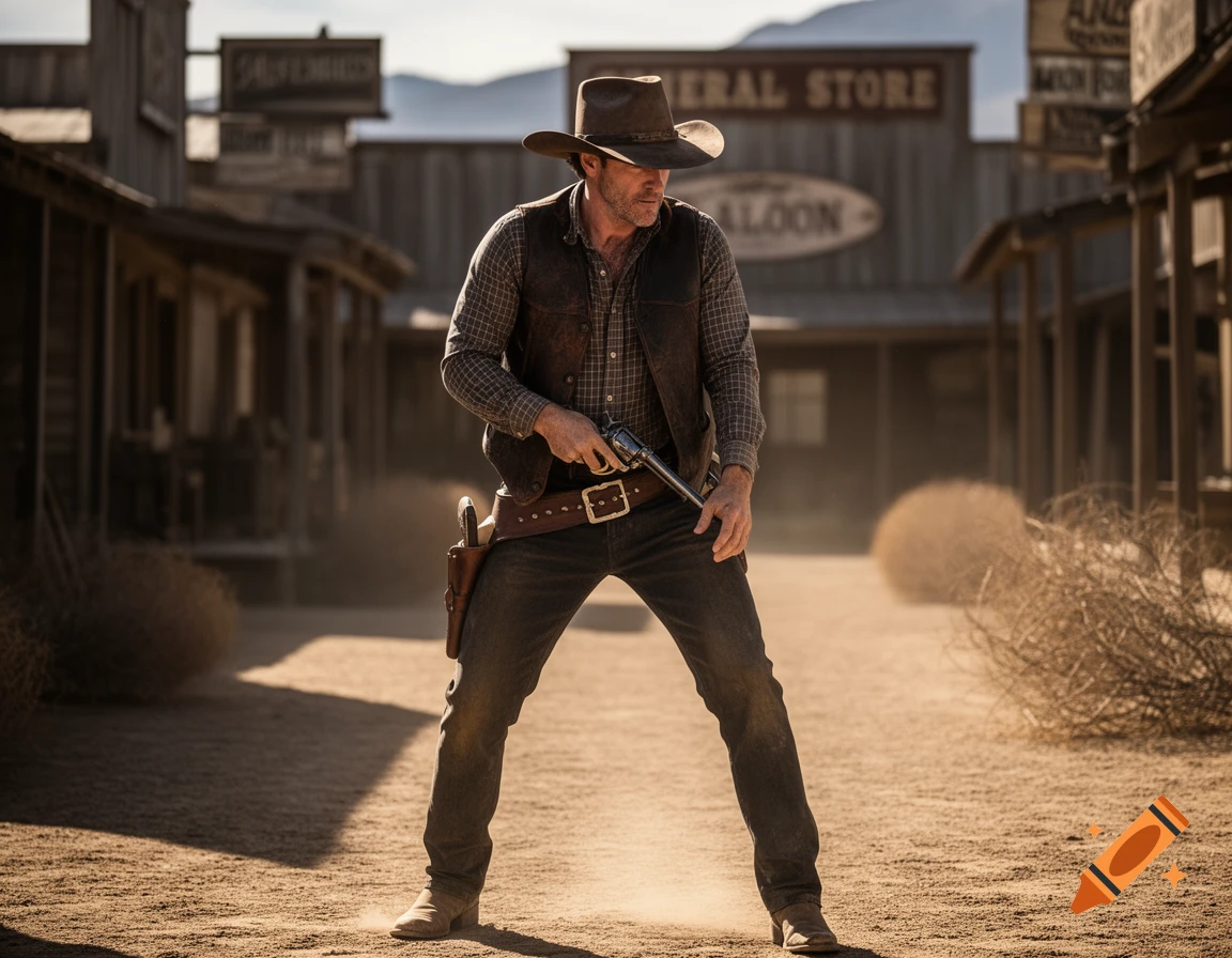 A photorealistic image of a cowboy in a vest and hat, standing in a dusty Western town street, holding a gun ready to draw.