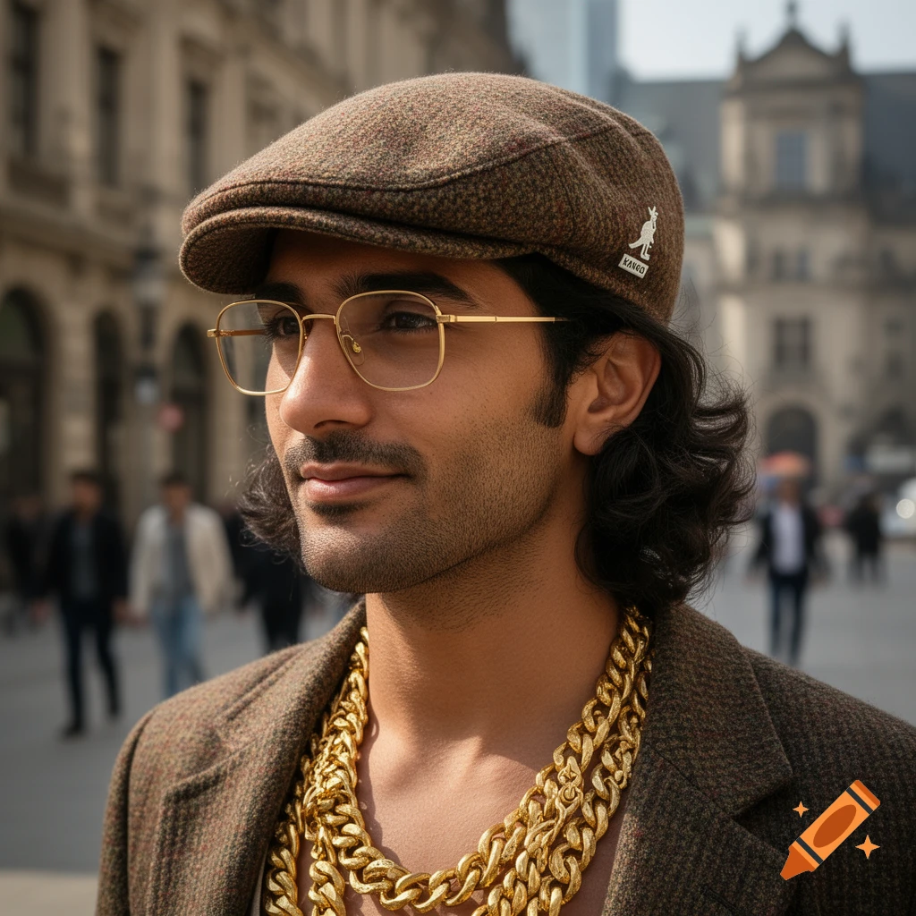 A man with a brown tweed Kangol flat cap, gold-framed glasses, and multiple thick gold chains looks to the side on a city street.