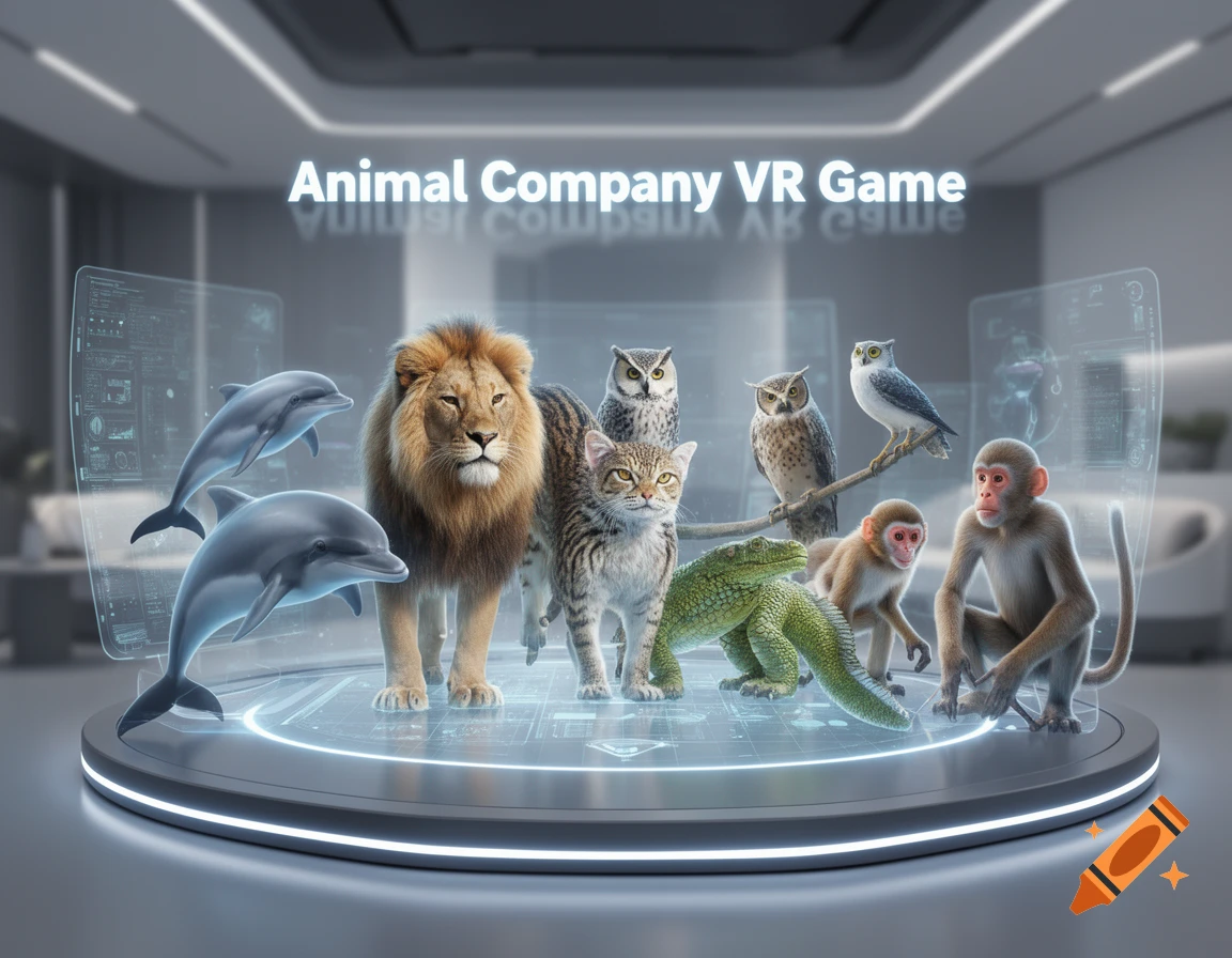 Diverse photorealistic animals, including a lion and dolphins, on a glowing virtual reality platform in a futuristic setting, with 'Animal Company VR Game' text.
