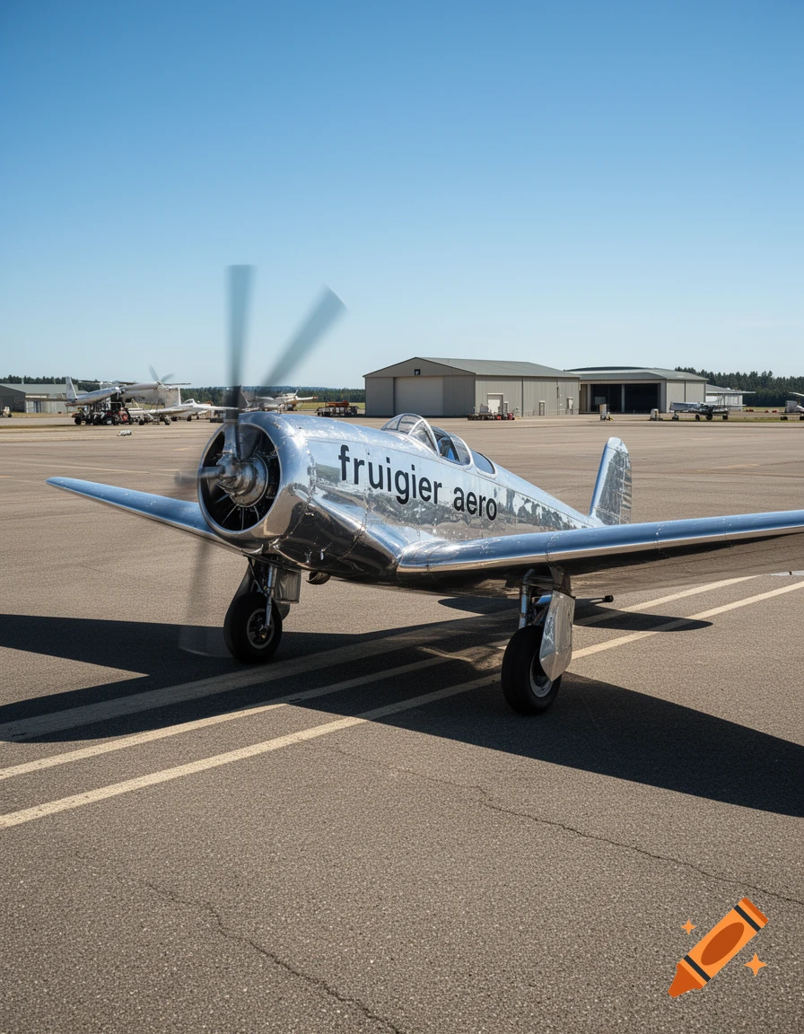 A shiny silver propeller plane with "fruigier aero" on its side sits on an asphalt runway with hangars in the background.