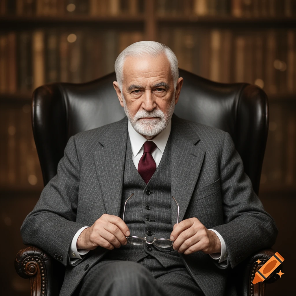 Photorealistic portrait of an older man with white hair and beard in a pinstripe suit, holding glasses, in a leather chair with a library background.