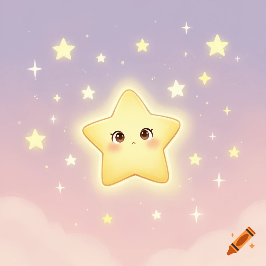 A shy, glowing yellow star with big eyes floats among smaller stars in a pastel pink and purple sky with soft clouds, cartoon style.