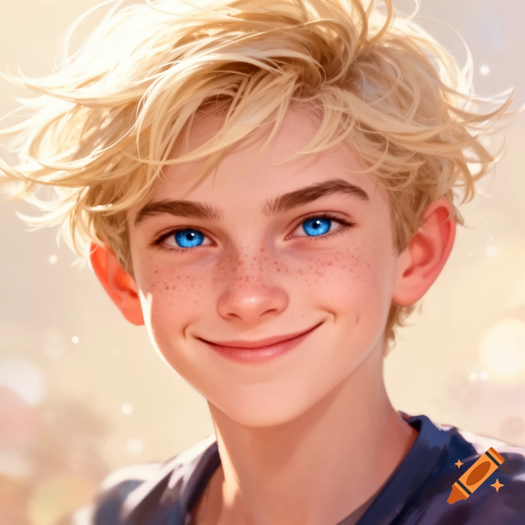 A close-up digital art portrait of a smiling young boy with messy blonde hair, bright blue eyes, and freckles.