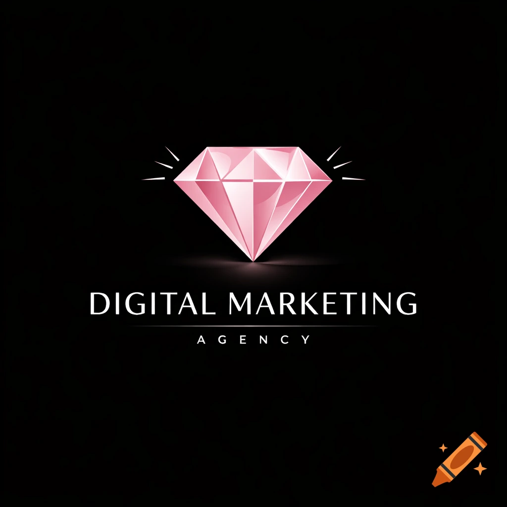 A sophisticated logo featuring a sparkling pink diamond above the words 'Digital Marketing Agency' on a black background.