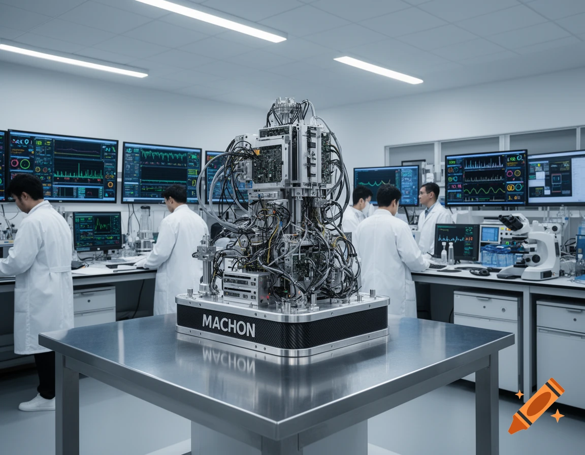 Scientists in lab coats work with a complex wired machine on a metal ...