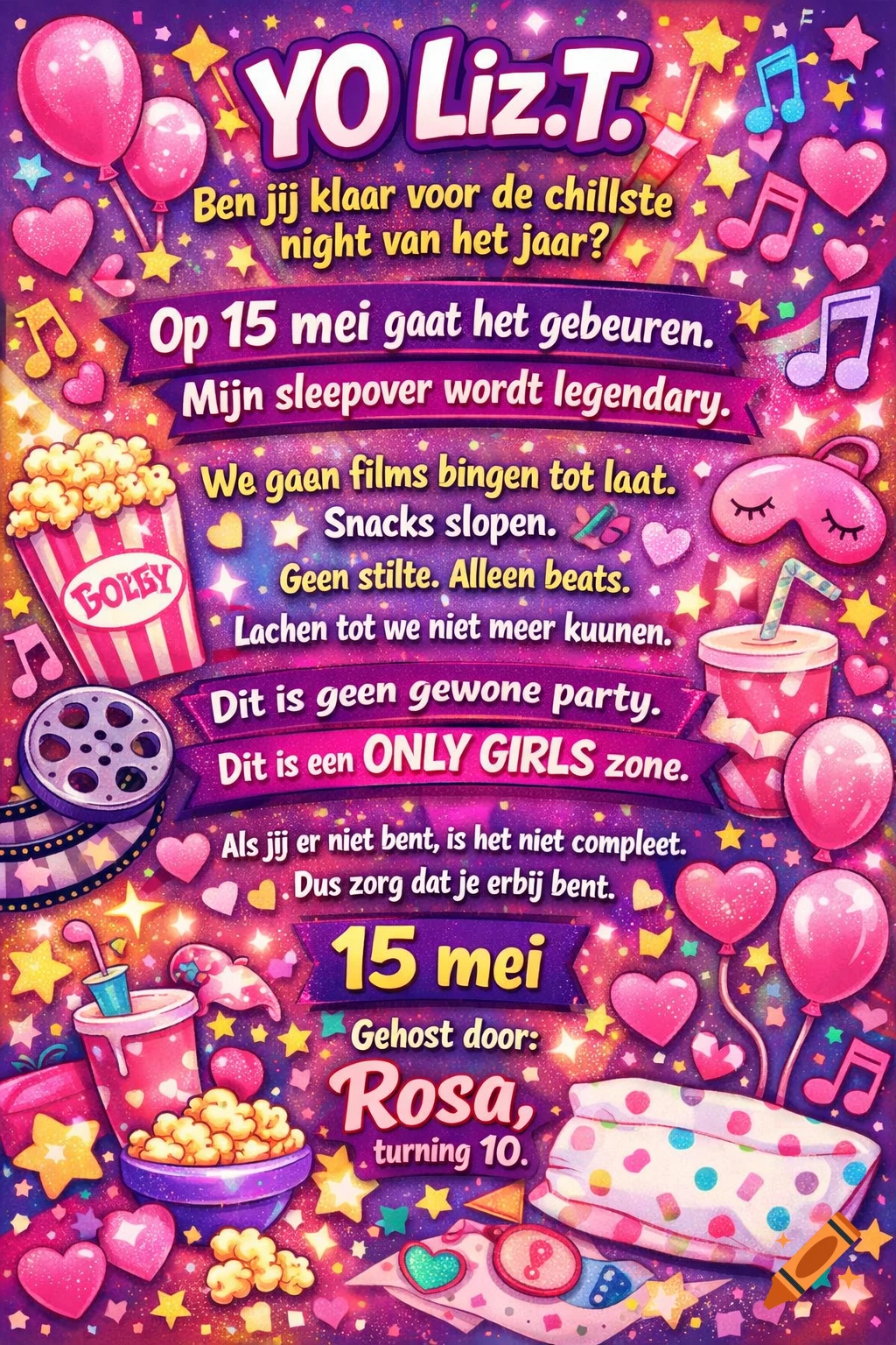 A vibrant, glittery sleepover party invitation for Liz.T, hosted by Rosa turning 10, featuring pink balloons, hearts, popcorn, movie reels, music notes, drinks, and a sleep mask.