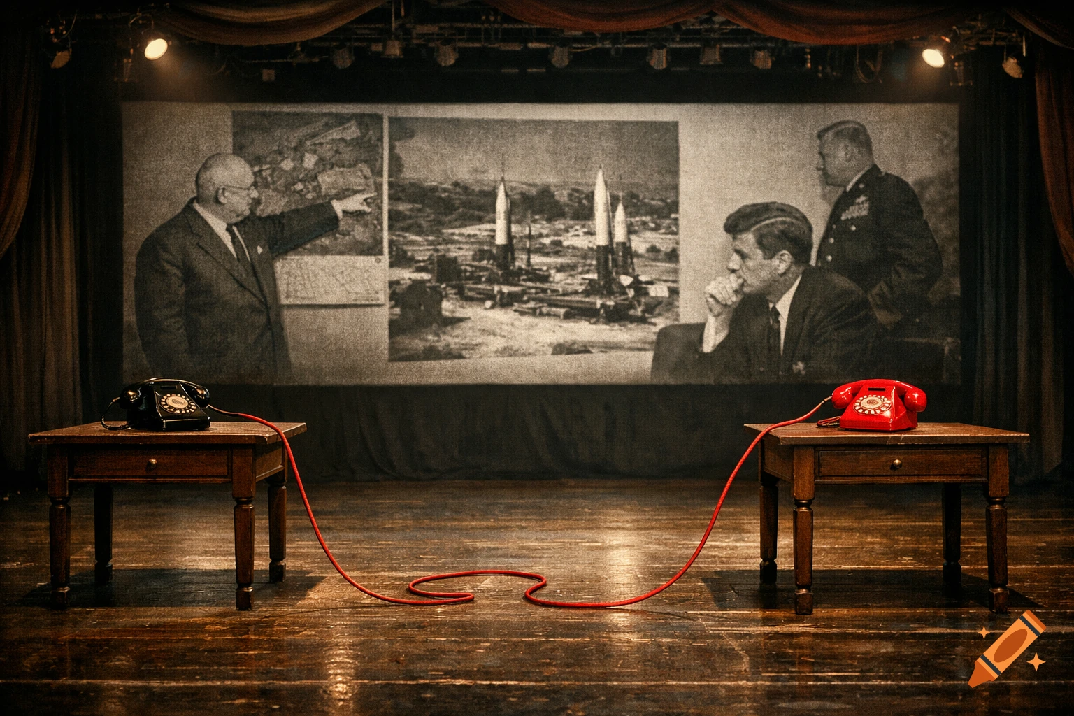 A theatre stage with two tables, old rotary phones connected by a red cable. A grainy black-and-white projection shows the Cuban Missile Crisis.