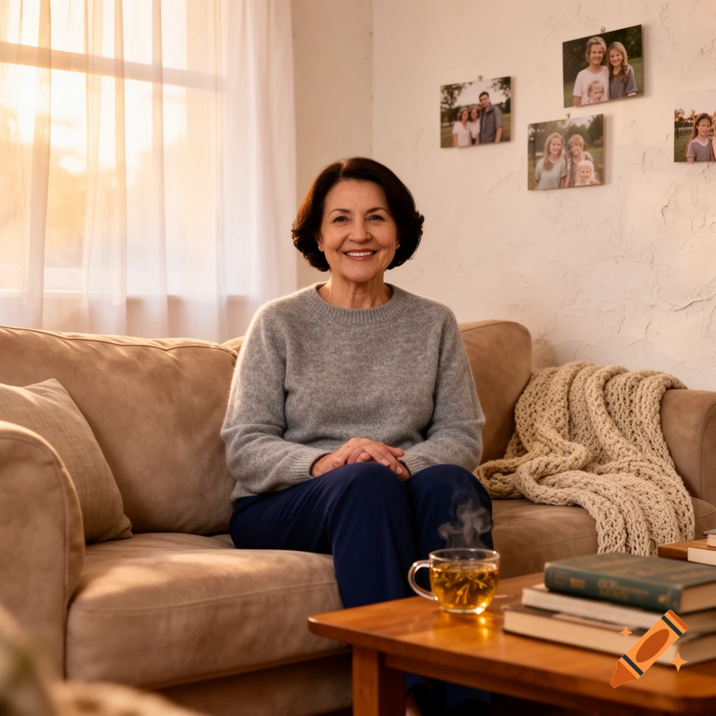Smiling older woman in a gray sweater sits on a couch in a cozy living room with family photos and a cup of tea.