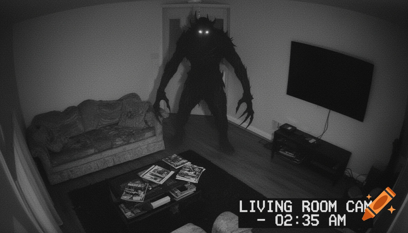 Black and white grainy CCTV footage shows a large, shadowy monster with glowing eyes standing in a living room at night.