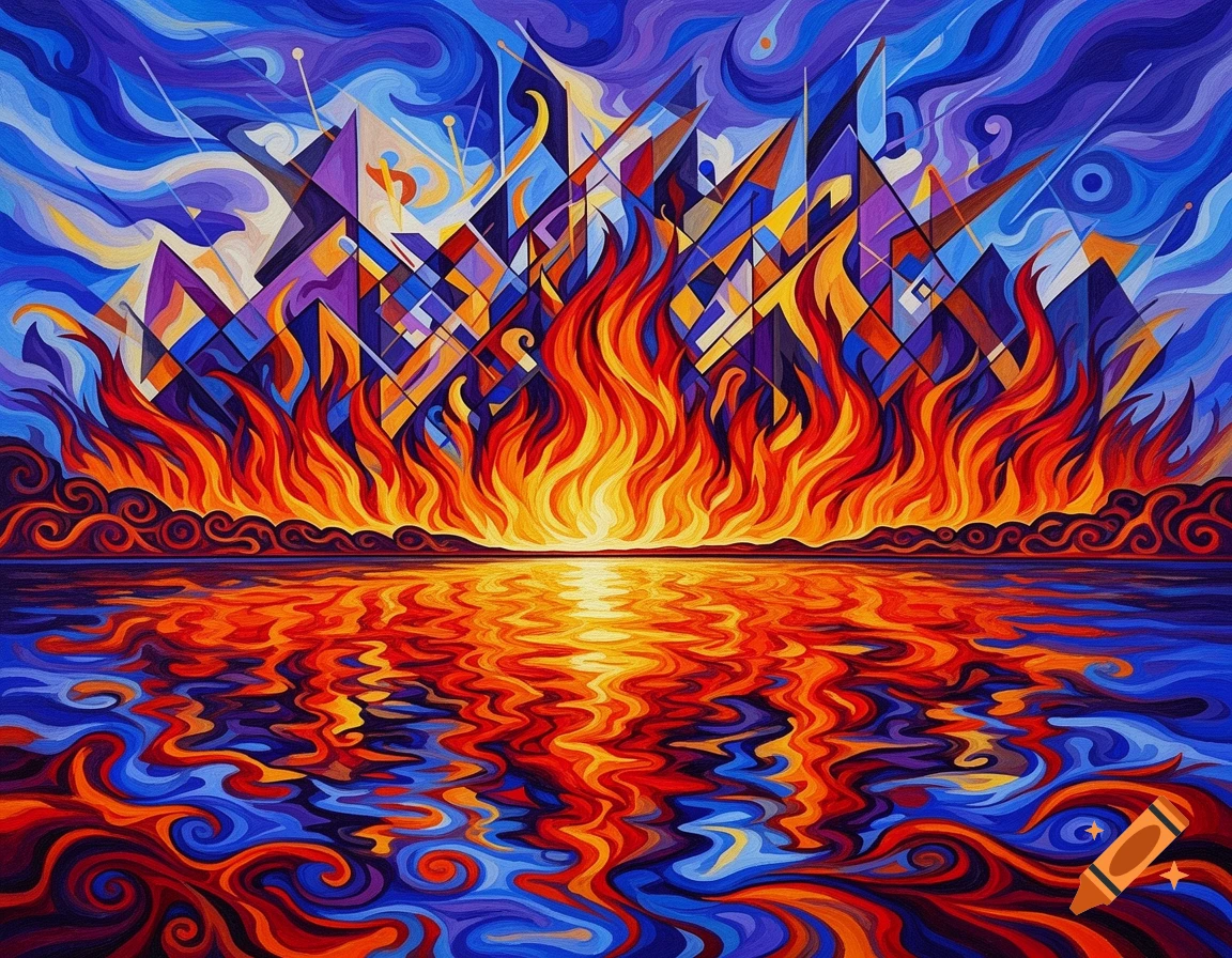 Vibrant abstract painting depicting a lake on fire, with orange and red ...